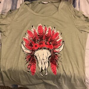 Eighty Eight Green Tee with Red Feather Design